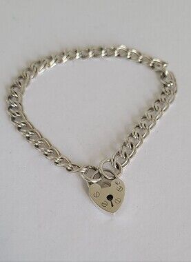 Vintage Double Curb Link Heart Padlock Key Charm Sterling Silver Chain Bracelet
